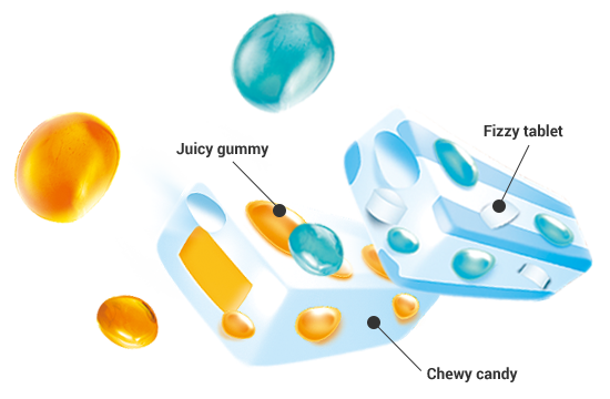 Puchao chewy candy - gummy bits and fizzy tablet inside
